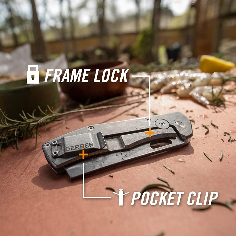 image:imageGerber Flatiron EDC Folding Pocket Knife Pocket Clip Cleaver Blade BlackDesert Tan