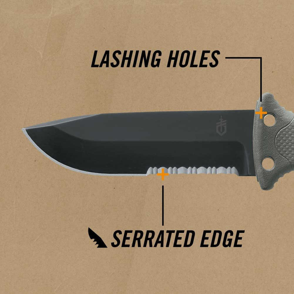image:imageGerber Gear LMF II Infantry Survival Knife Made in USA Military Grade Tactical Fixed Blade with Serrated Edge Shock Absorbing Handle Molle Sheath and Sharpener BlackGreen