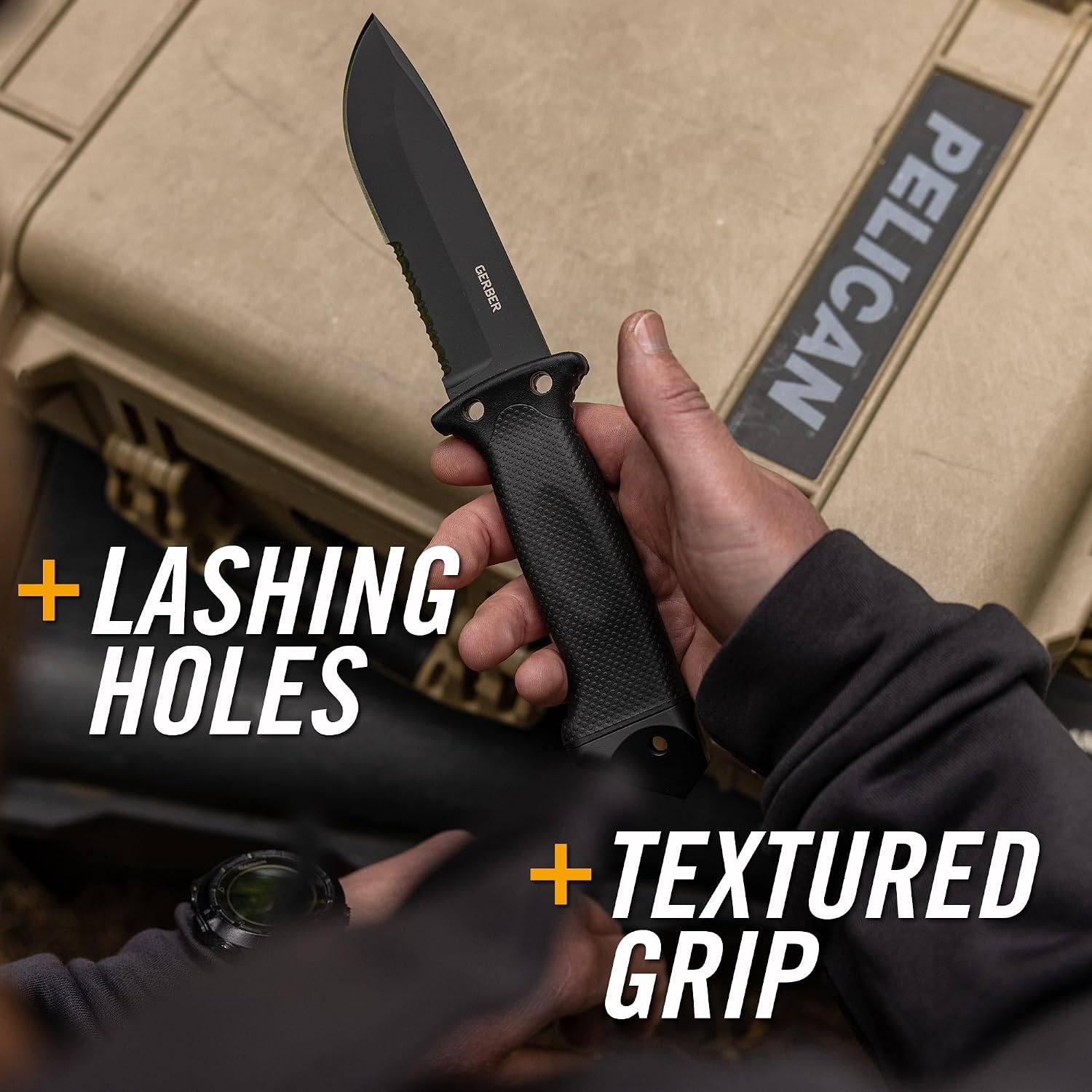 image:imageGerber Gear LMF II Infantry Survival Knife Made in USA Military Grade Tactical Fixed Blade with Serrated Edge Shock Absorbing Handle Molle Sheath and Sharpener BlackBlack