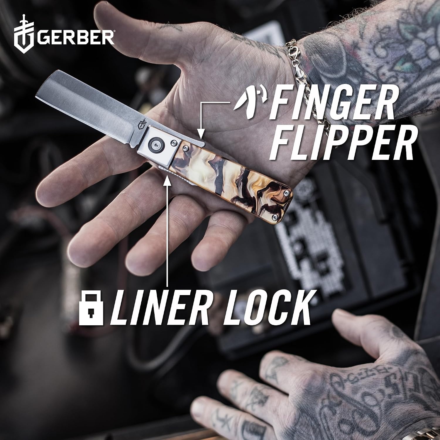 image:imageGerber Jukebox EDC Folding Pocket Knife Flipper Blade Tortoise Shell