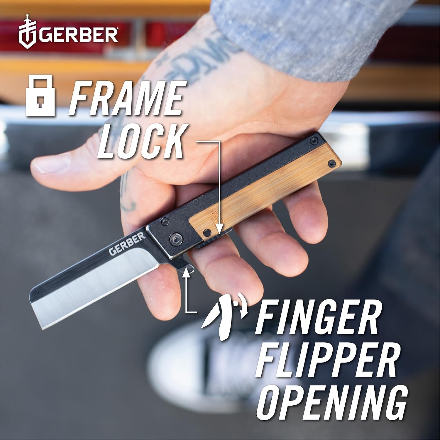 image:imageGerber Quadrant EDC Folding Pocket Knife wClip Plain Edge Blade BambooWhite