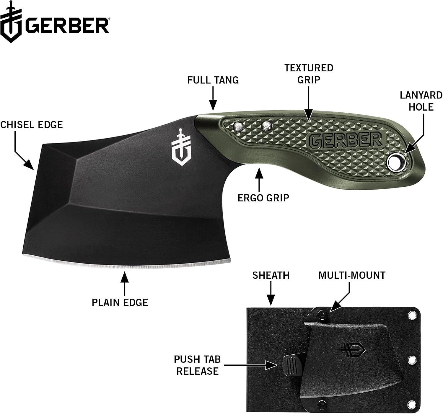 image:imageGerber TRITip Mini Cleaver Fixed Blade Bushcraft Knife Molle Sheath GreenGreen