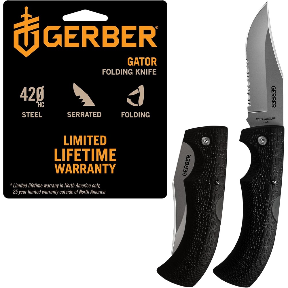 image:imageGerber Gator Folding Pocket Knife wGator Grip Serrated Edge Camping