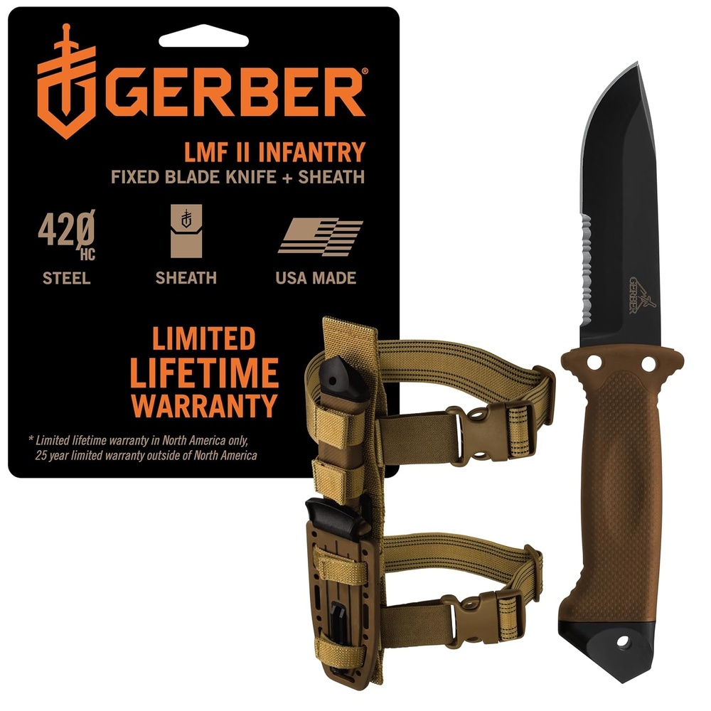 image:imageGerber Gear LMF II Infantry Survival Knife Made in USA Military Grade Tactical Fixed Blade with Serrated Edge Shock Absorbing Handle Molle Sheath and Sharpener BlackInfantry Knife Coyote Brown