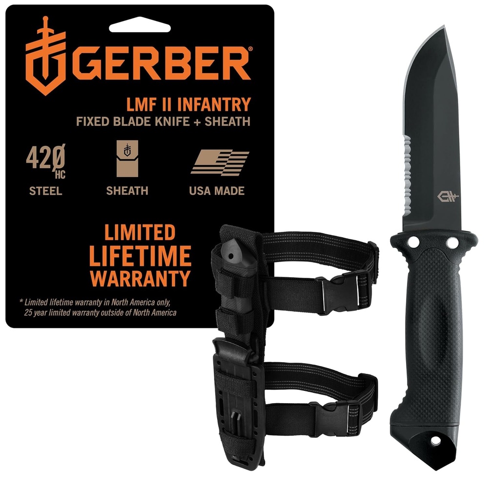 image:imageGerber Gear LMF II Infantry Survival Knife Made in USA Military Grade Tactical Fixed Blade with Serrated Edge Shock Absorbing Handle Molle Sheath and Sharpener BlackBlack