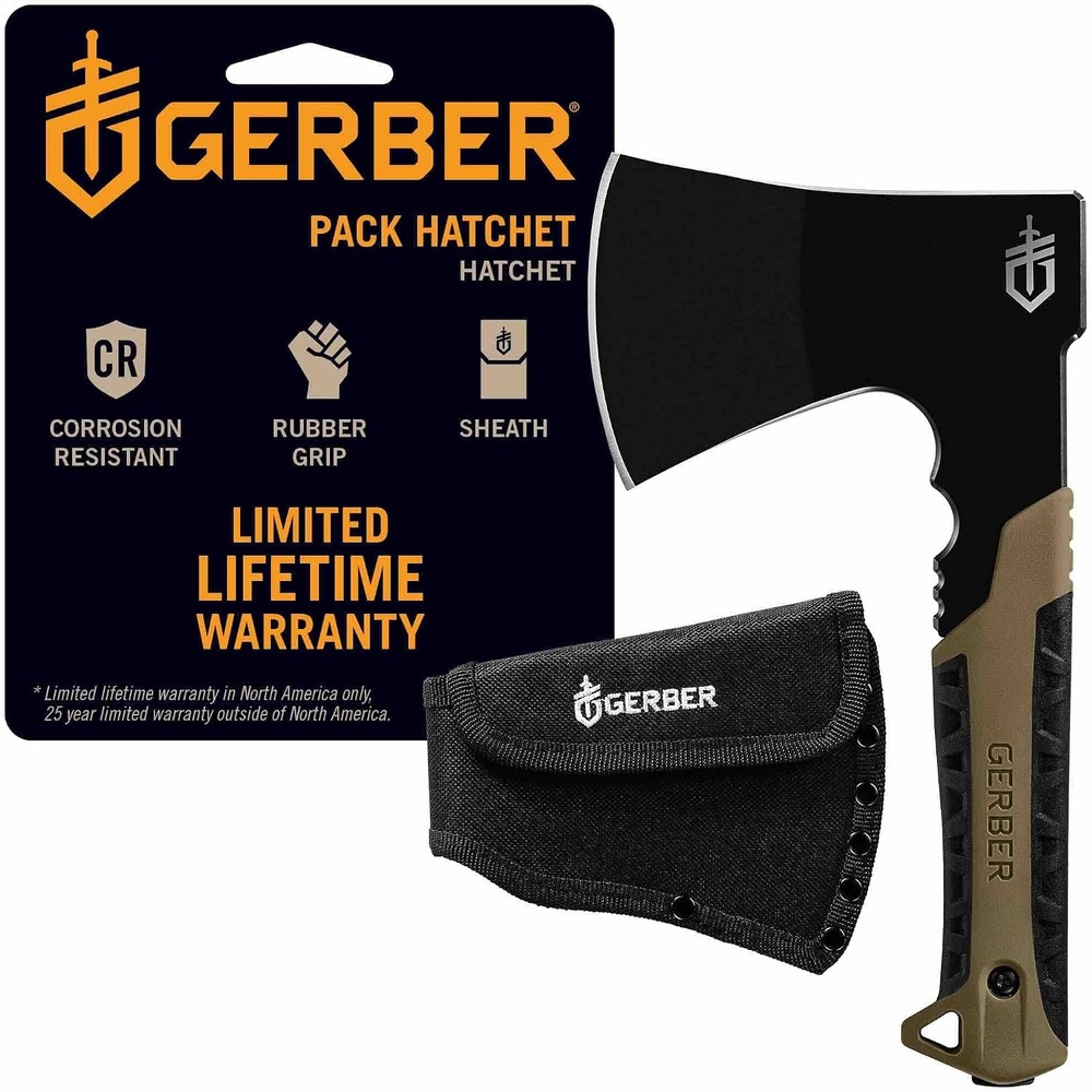 image:imageGerber Gear Pack Hatchet 35 Steel Blade Axe with Full Tang Survival Bushcraft and Camping Gear with Mountable Nylon Sheath Sage GreenCoyote Brown