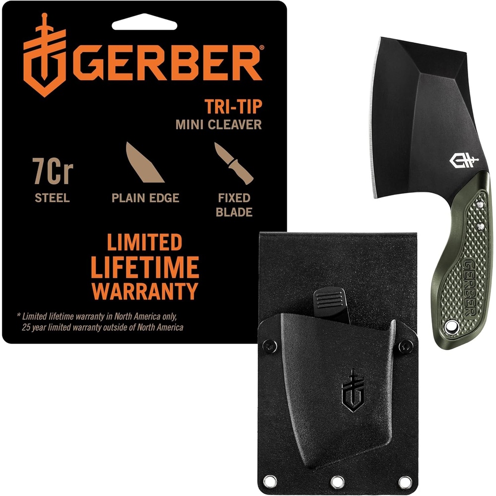 image:imageGerber TRITip Mini Cleaver Fixed Blade Bushcraft Knife Molle Sheath GreenGreen