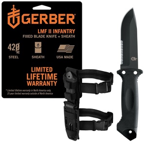 Gerber Gear LMF II Infantry Survival Knife, Made in USA Military Grade Tactical Fixed Blade with Serrated Edge, Shock Absorbing Handle, Molle Sheath and Sharpener, Black(Black)