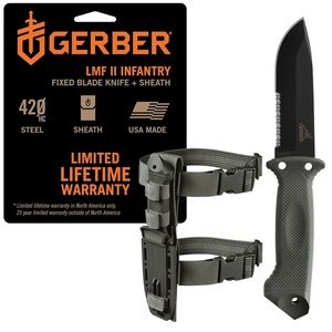 Gerber Gear LMF II Infantry Survival Knife, Made in USA Military Grade Tactical Fixed Blade with Serrated Edge, Shock Absorbing Handle, Molle Sheath and Sharpener, Black(Green)